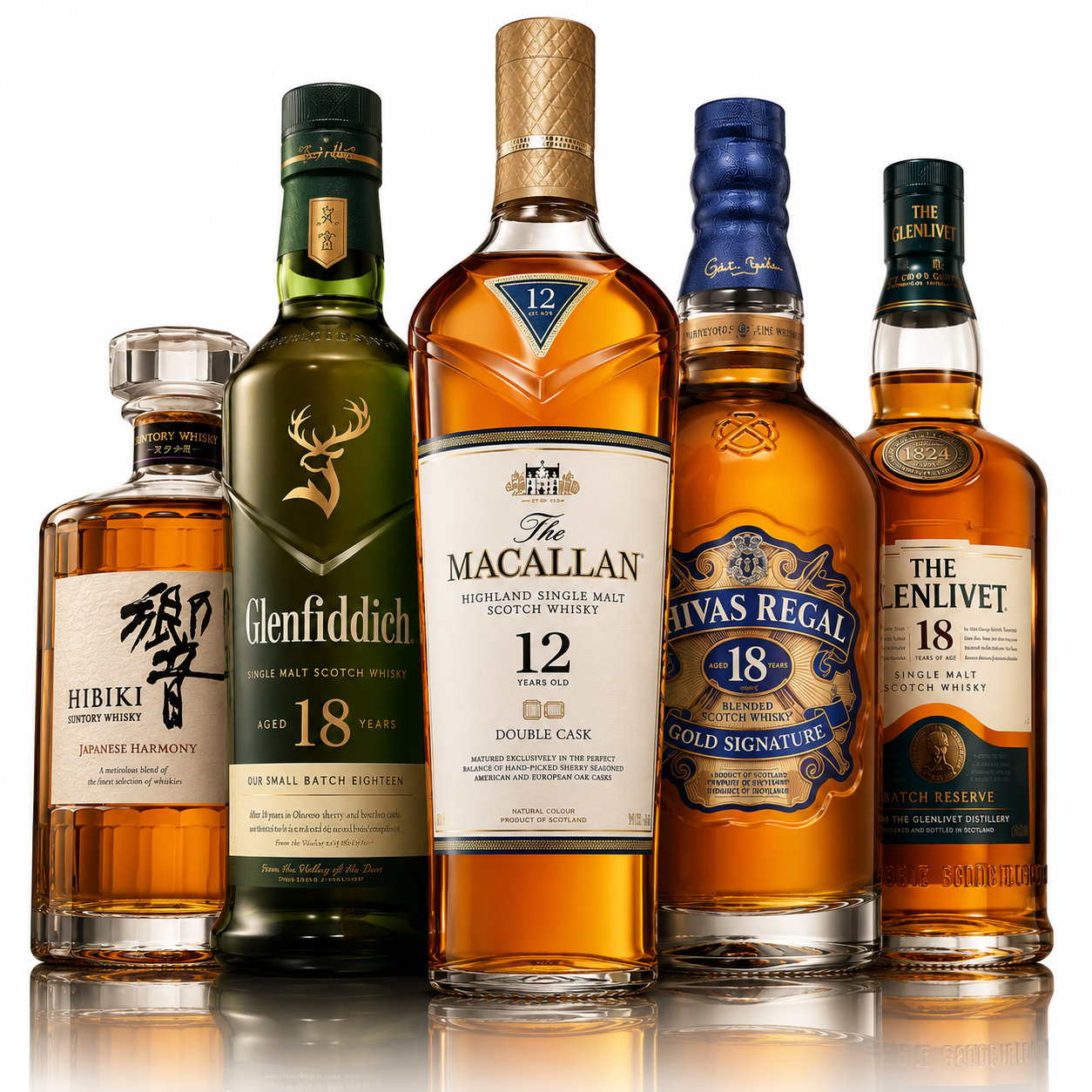 אוסף פרימיום: The Macallan 12 Double Cask • Hibiki Japanese Harmony • Glenfiddich 18 Years • Chivas Regal 18 Gold Signature • The Glenlivet 18 Years
